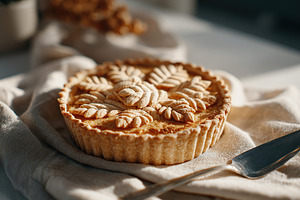 Delicious dessert pie with intricate leaf design on a linen cloth in warm sunli, a Photo by AlyaAnd