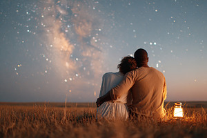 Couple enjoys a romantic evening under a starry sky in an open field, a Photo by AlyaAnd