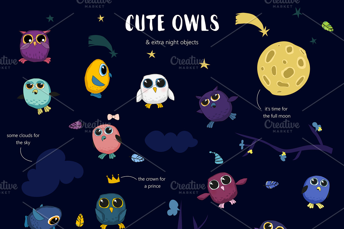 Midnight Owls - vector set for kids, an Illustration by Satika (Photo 2 of 5)