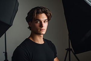 Model man posing and looking at camera in professional photo stu, a Photo by AlyaAnd