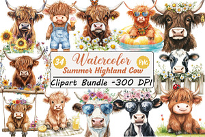 Watercolor Summer Highland Cow, an Illustration by DreamCafeArt