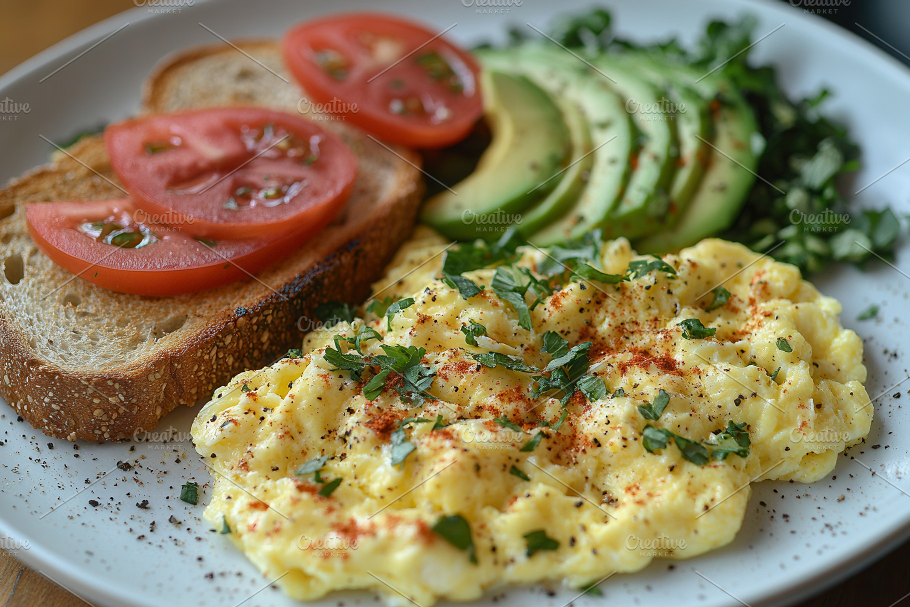 Delicious scrambled eggs served with, a Photo by Tanuart