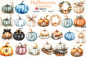 Halloween Pumpkins Clipart, an Illustration by Watercolor design