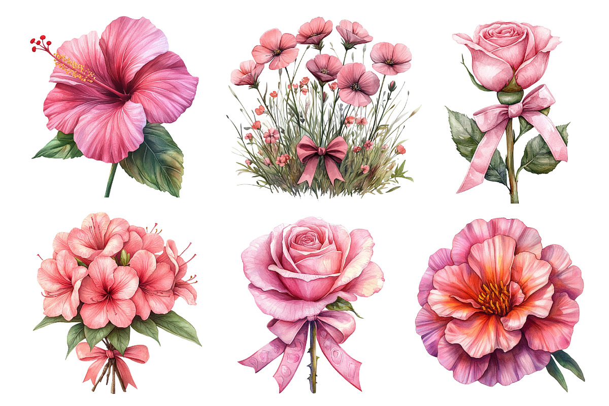 Pink Flowers Watercolor Clipart, an Illustration by Dream Creation (Photo 4 of 7)