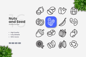 Nuts and Seed Outline Icons, an Outline Icon by Upnowgraphic