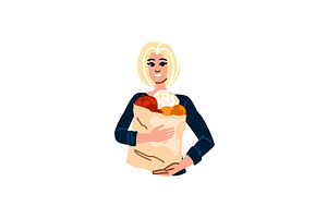 Smiling woman holding paper bag with, a Food Illustration by pikepicture