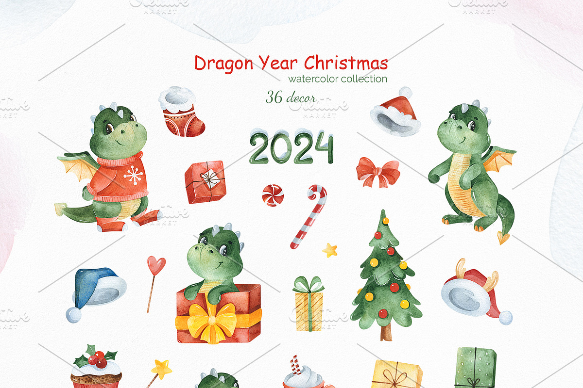 Dragon Christmas. Watercolor set., a Seasonal Illustration by Kate_Rina (Photo 5 of 13)