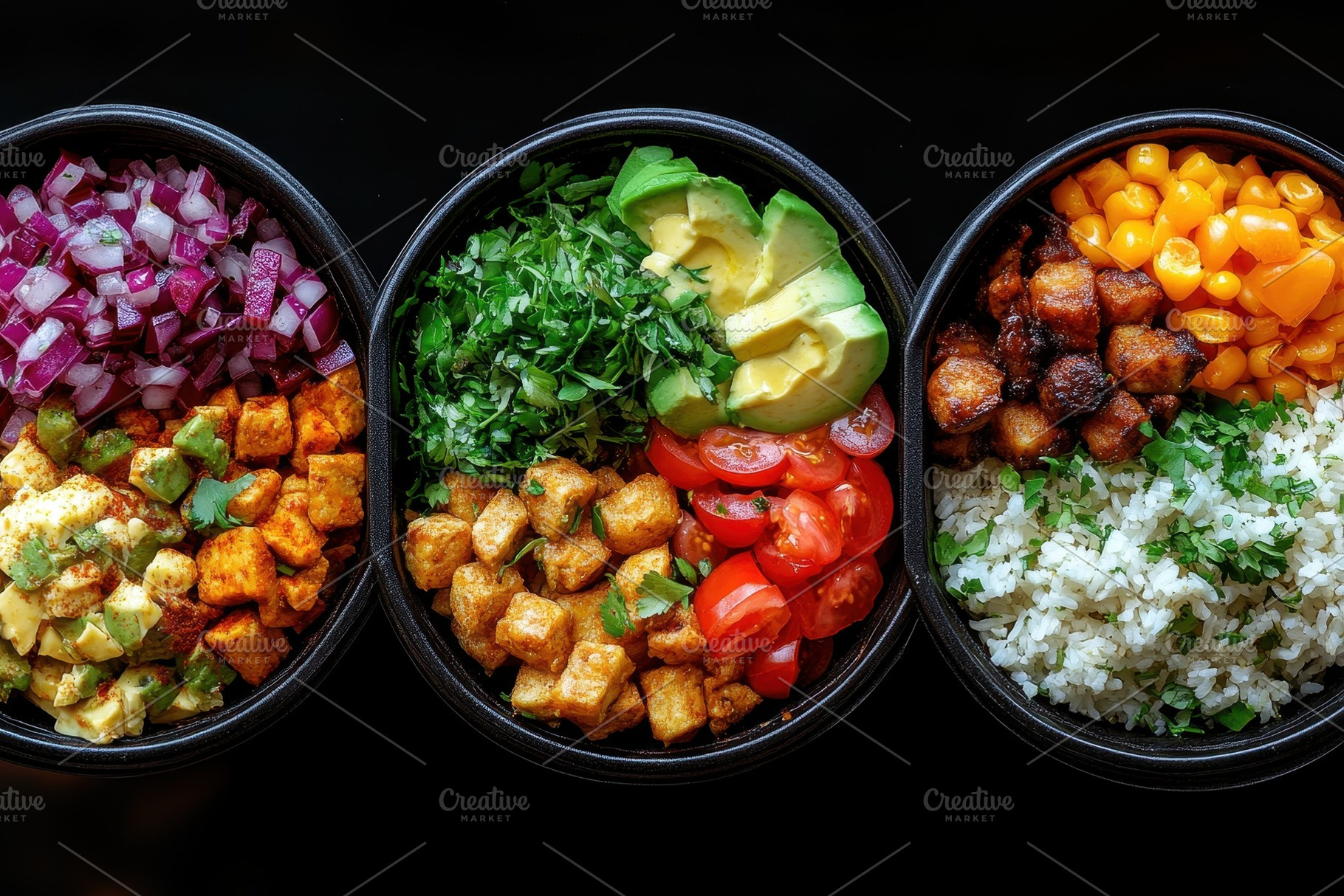 Colorful bowls of fresh ingredients, a Photo by Tanuart