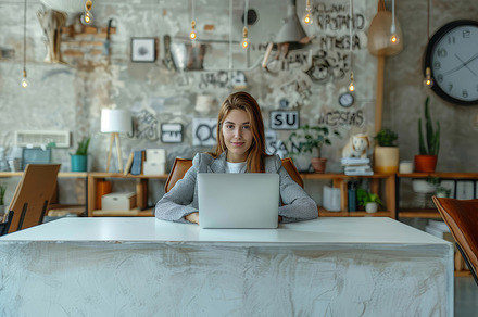 Young Professional Woman Working on Laptop in a Modern Office Setting, a Photo by AS photostudio