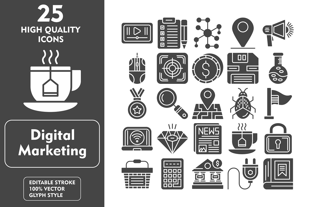 25 Digital marketing Glyph Icons, an Icon by Pexelpy