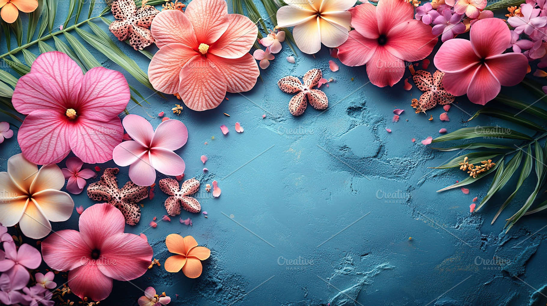 Colorful tropical flowers arranged on a blue background for decoration and desi, a Nature Photo by AlyaAnd
