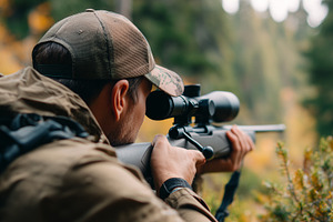 Focused hunter aiming a scoped rifle, a Sports & Recreation Photo by MistyDay