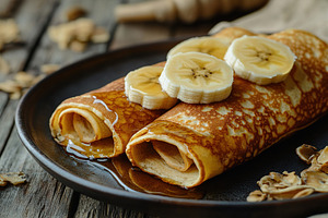 Delicious pancakes topped with sweet syrup and banana slices, served on a rusti, a Food & Drink Photo by AlyaAnd
