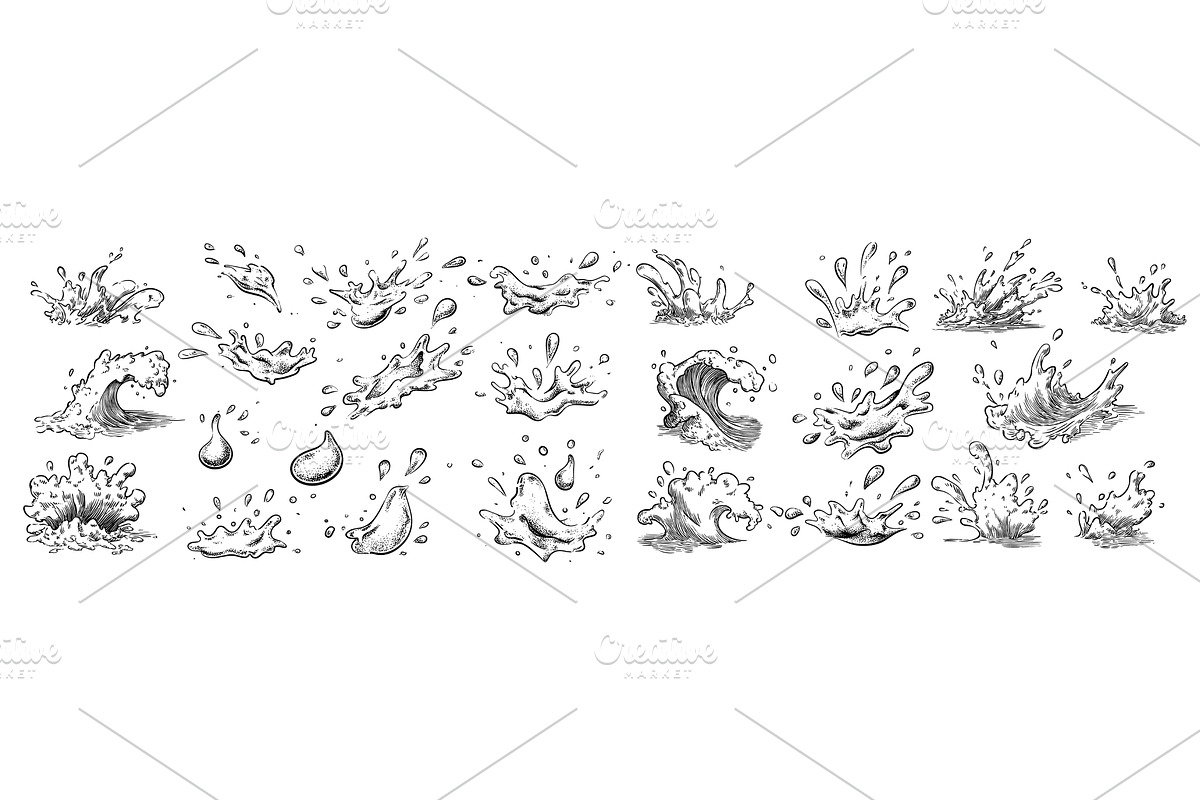 Water splash engraving. liquid drip, an Illustration by Stock-Smart-Start