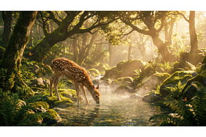 Spotted fawn drinks from a clear, an Animal Photo by Igor Tichonow