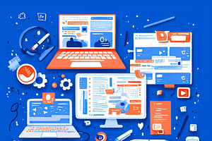 Digital workspace with multiple laptops showcasing detailed computer interface, an Illustration by AS photostudio