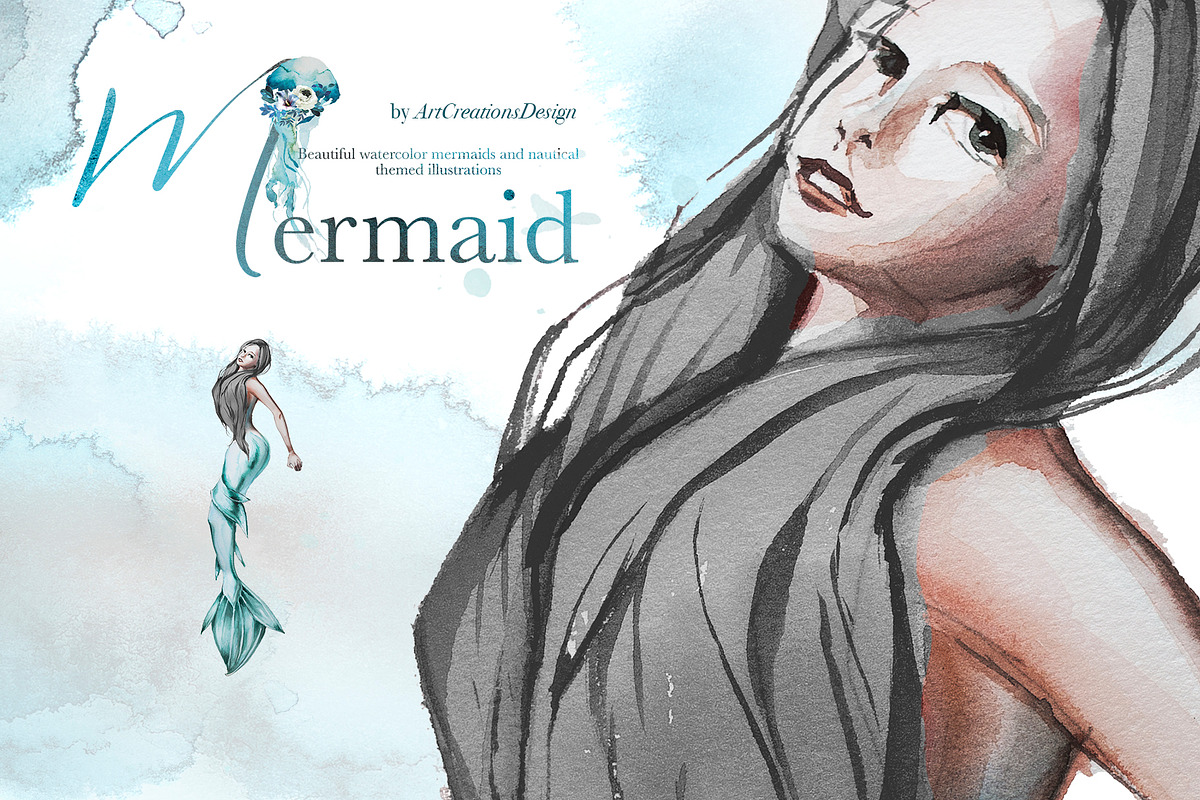 Hand-Painted Mermaid Clipart Set, a Person Illustration by ArtCreationsDesign (Photo 24 of 24)