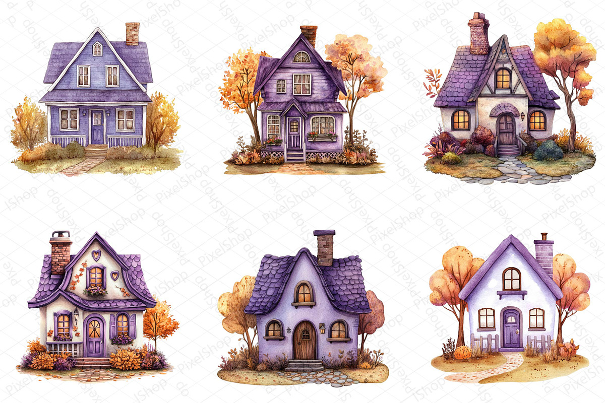 Purple Autumn Cottage Home Clipart, an Illustration by DreamPrint404 (Photo 5 of 6)