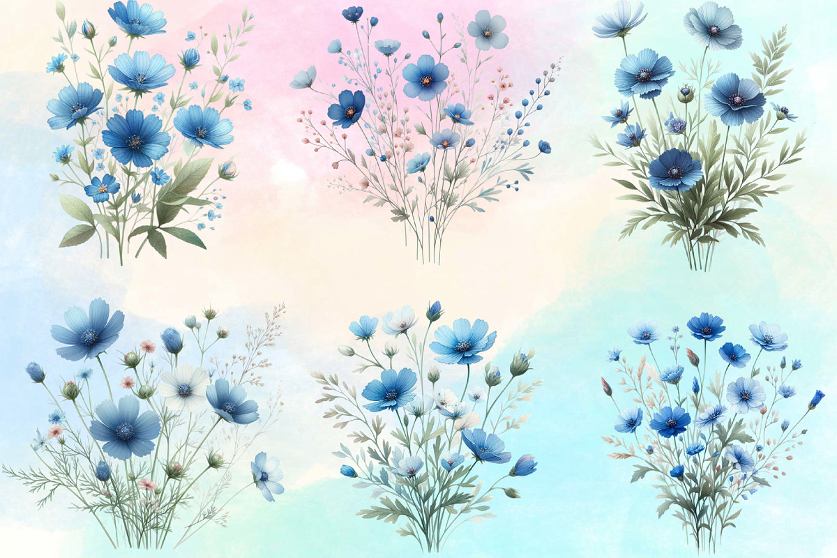 Watercolor Dusty Blue Flowers PNG, an Illustration by CraftArtStudio (Photo 2 of 3)
