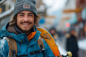 A smiling young Caucasian man in winter gear poses with a skateboard in a snowy, a Person Photo by ImageMir