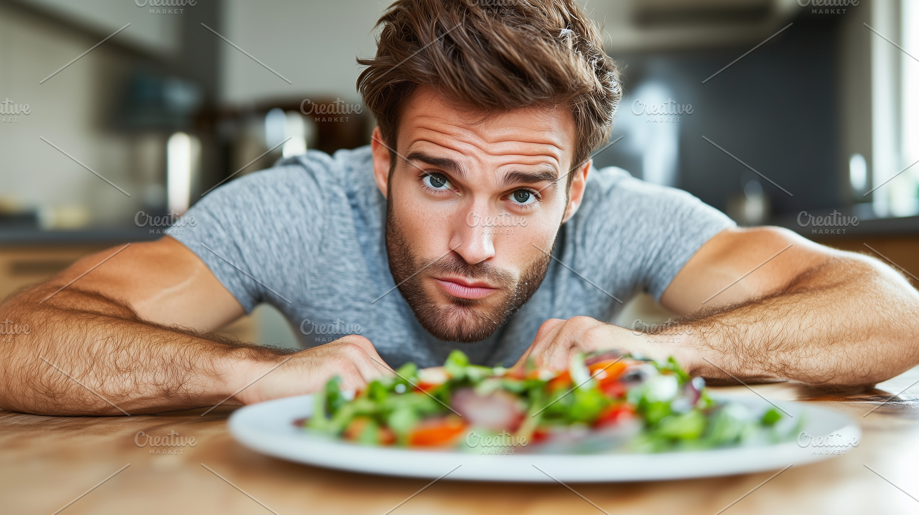 Young man looks up from his plate, a Person Photo by MistyDay