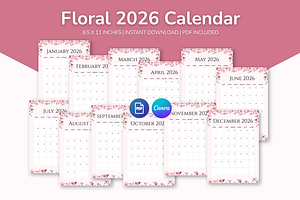 2026 Canva Flower Calendar Template, a Card Template by Snapybiz