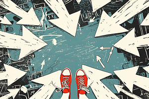Abstract illustration of decision-making with arrows and red sneakers., a Photo by AS photostudio