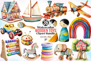 Watercolor Wooden Toys Clipart PNG, an Illustration by Canvas Craft