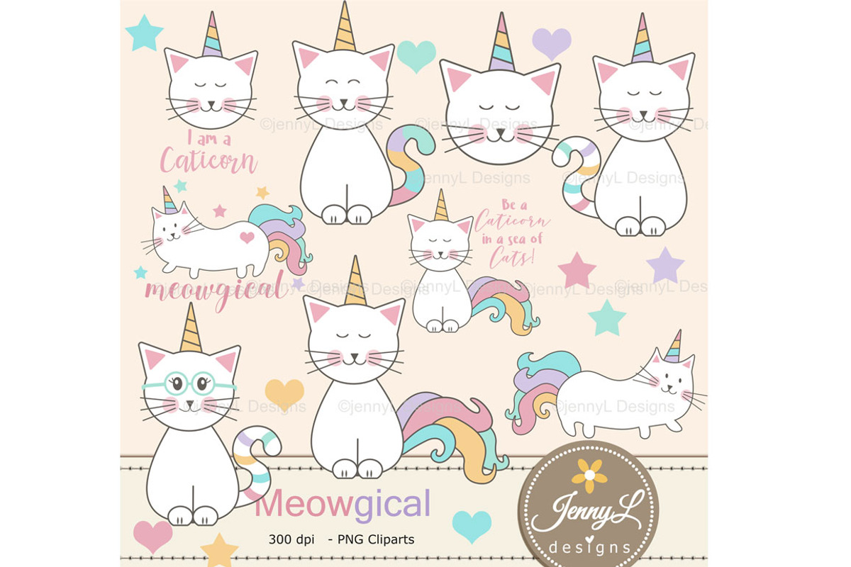 Caticorn Cat Digital Paper & Clipart, a Pattern Graphic by JennyL Designs (Photo 2 of 8)