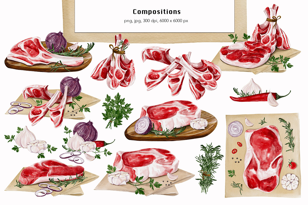 Meat, butcher shop. Watercolor., a Food Illustration by Alena Sid (Photo 4 of 11)
