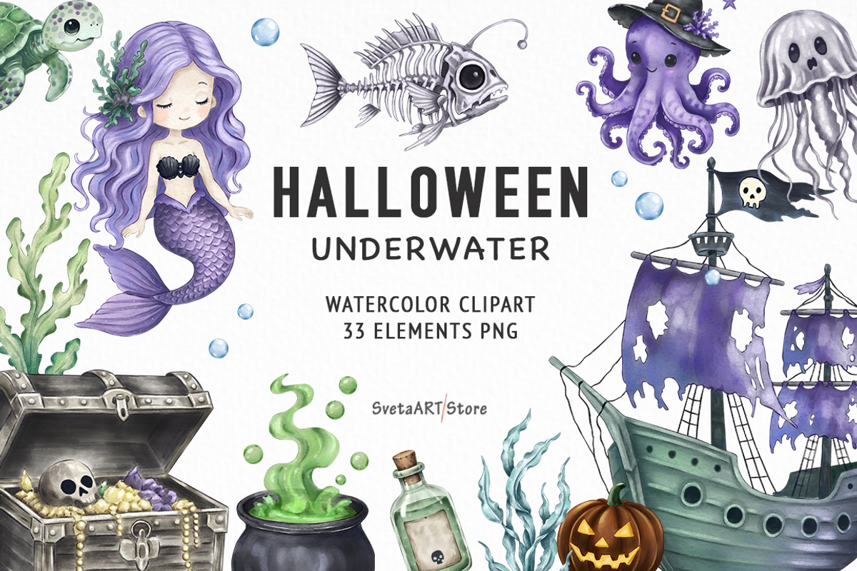 Underwater Halloween Clipart, a Seasonal Illustration by SvetaArtStore (Photo 1 of 8)
