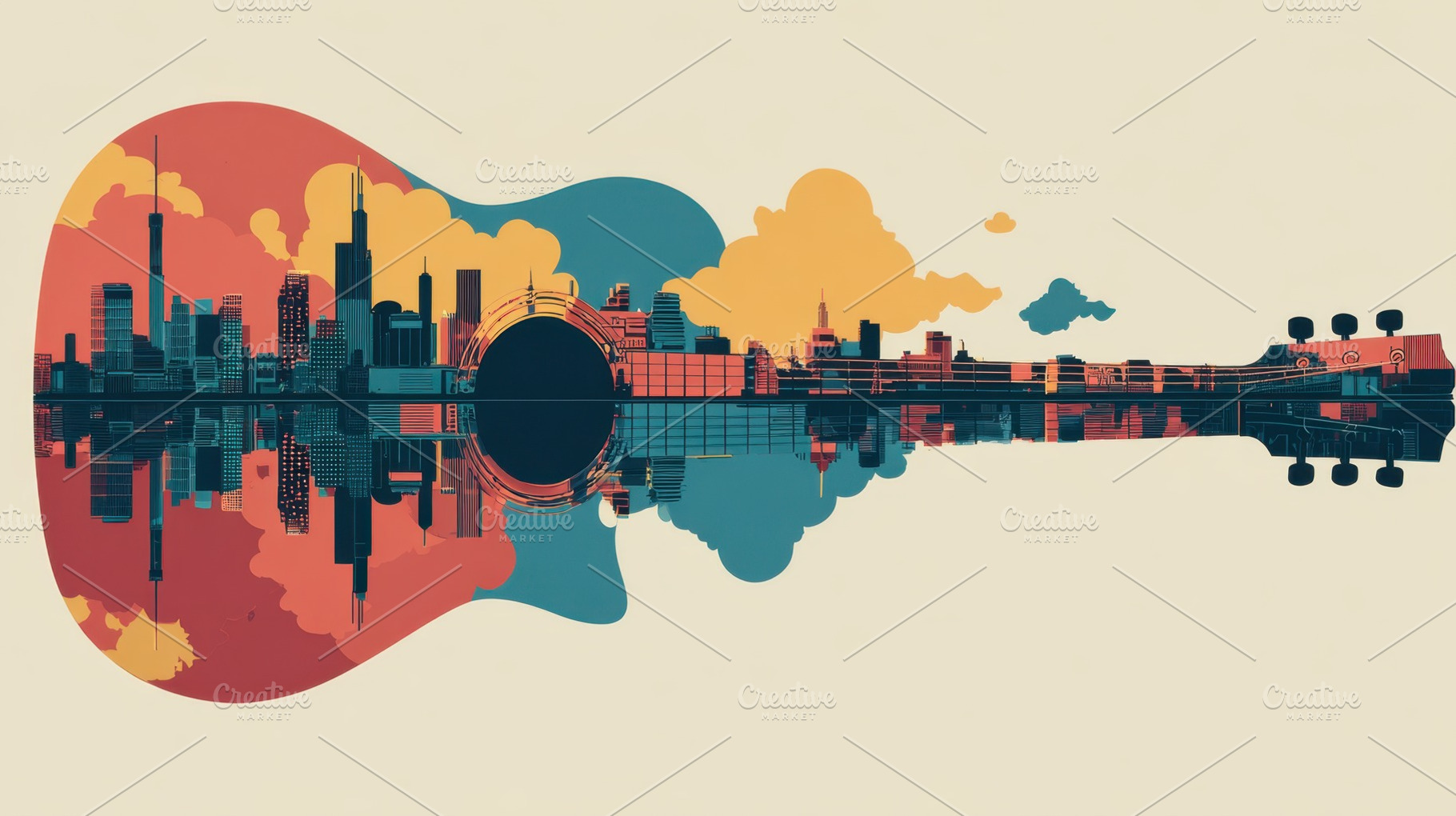 A guitar shape shows a city skyline, a Photo by Beautiful things