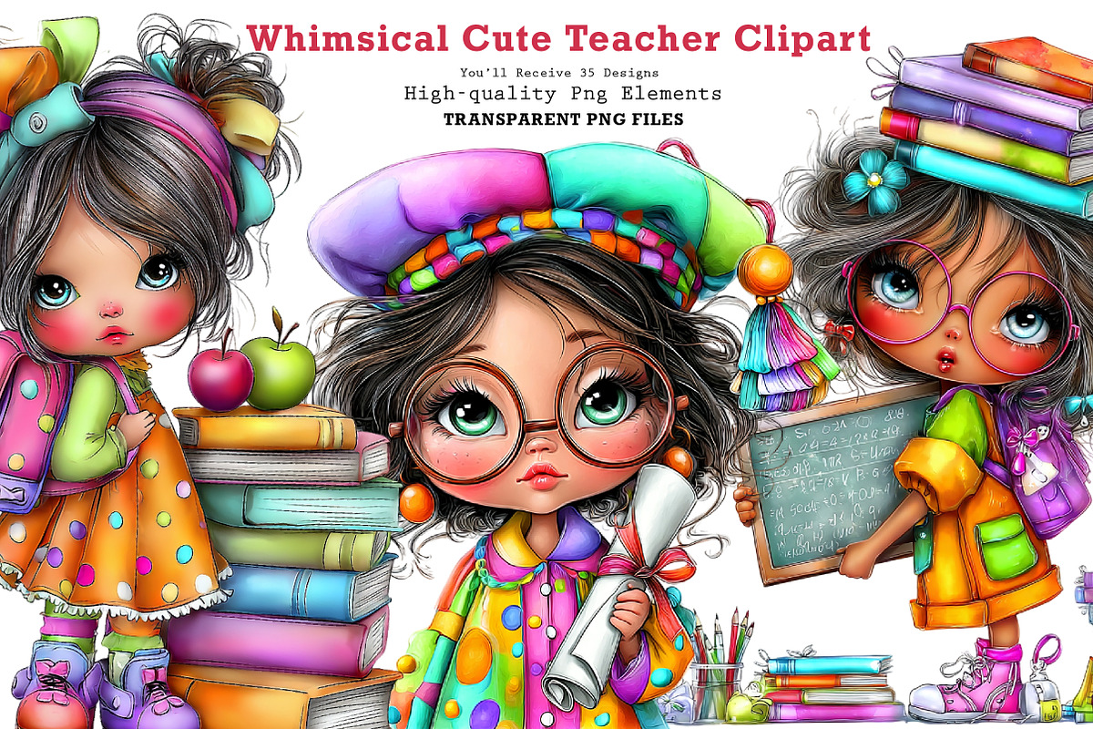 Whimsical Cute Teacher Clipart, a Seasonal Illustration by CreationArt (Photo 1 of 7)