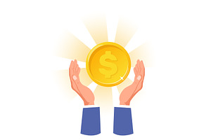 Hand holding large glowing gold coin, a Finance Illustration by Vectorbuum