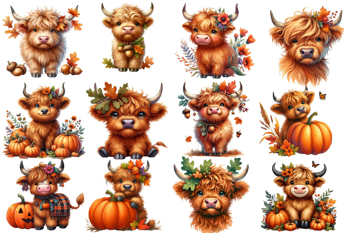 Watercolor Autumn Haighland Cow, a Seasonal Illustration by Designworld (Photo 2 of 6)
