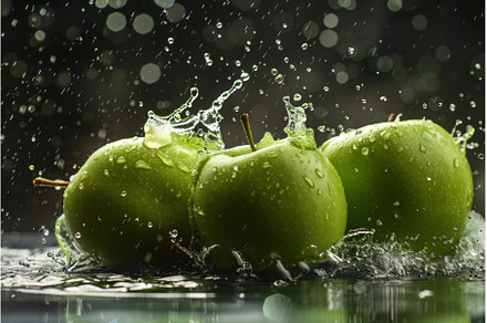 Green apples splashing in water on a, a Food & Drink Photo by Ylivdesign