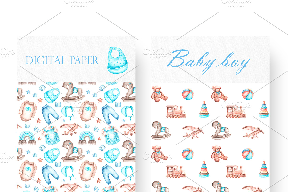 Baby boy watercolor set. Birthday., an Illustration by SabinaWatercolorArt (Photo 6 of 15)