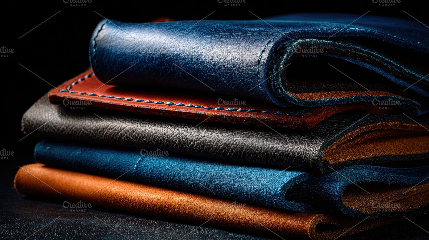 Crafted leathers stacked neatly, a Photo by Pavel_design