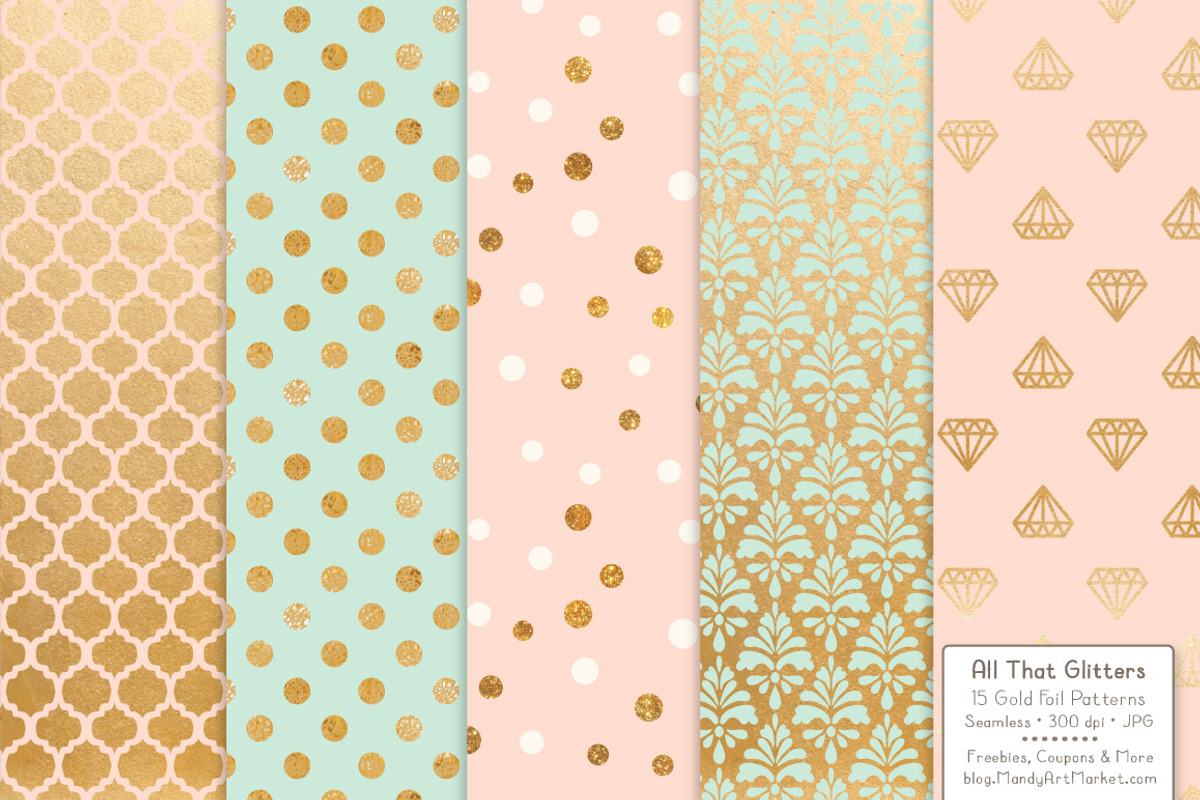 Mint & Peach Gold Foil Digital Paper, a Pattern Graphic by Amanda Ilkov (Photo 3 of 4)