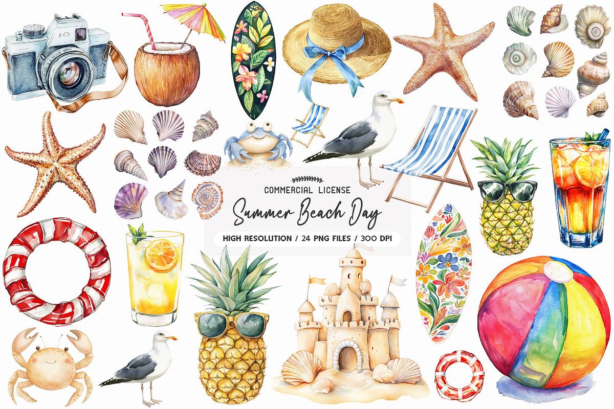 Summer Beach Day Clipart, an Illustration by designhome (Photo 1 of 5)