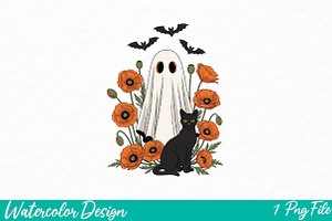 Cute Halloween Ghost and Cat Png, an Illustration by Watercolor design