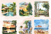 Watercolor Cozy Summer Scenes Set, an Illustration by GiraffeCreative (Thumbnail 6 of 9)