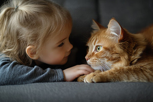 Child and cat face each other, close, an Animal Photo by Pixeness Studio