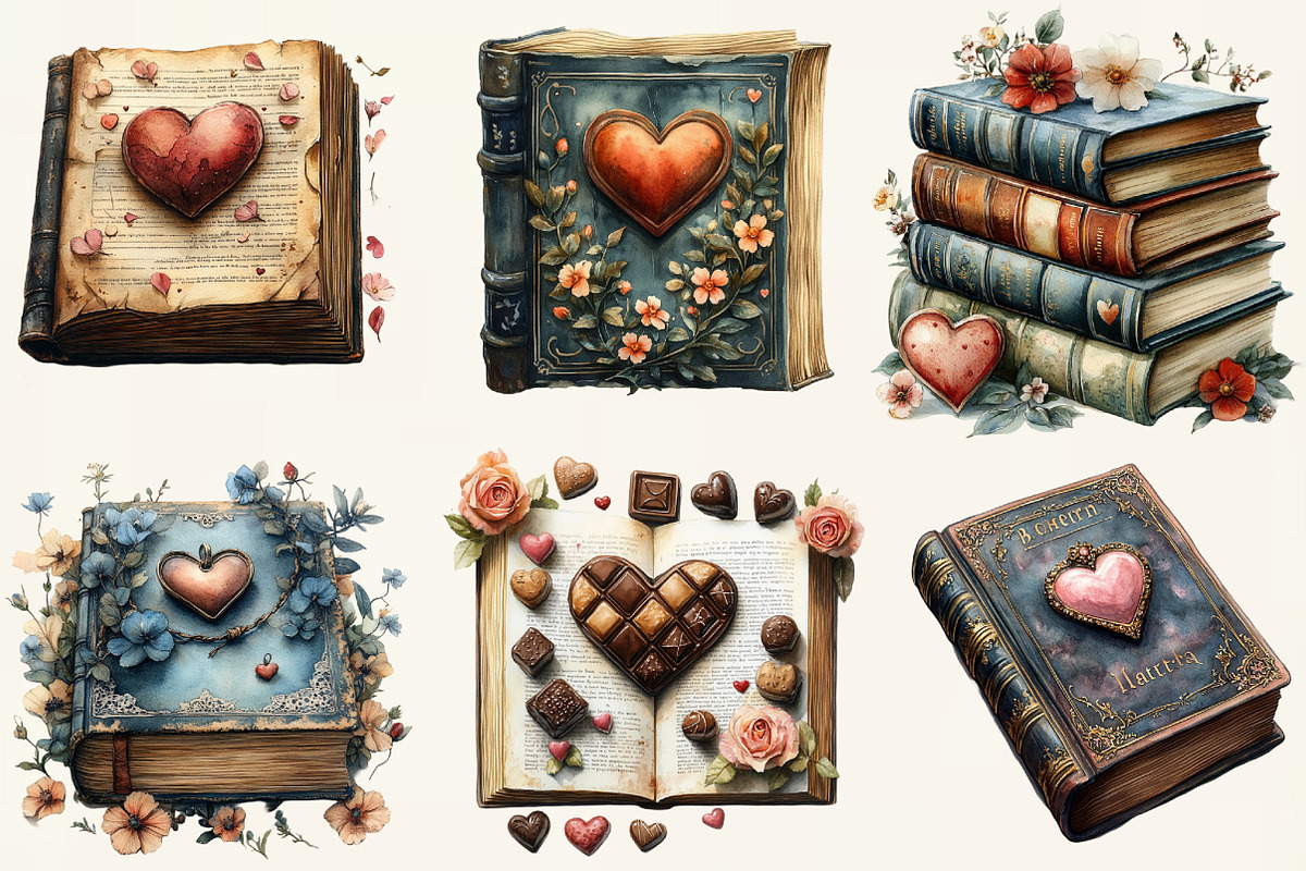 Retro Book Valentine Clipart Bundle, a Work Illustration by OK Design (Photo 2 of 3)
