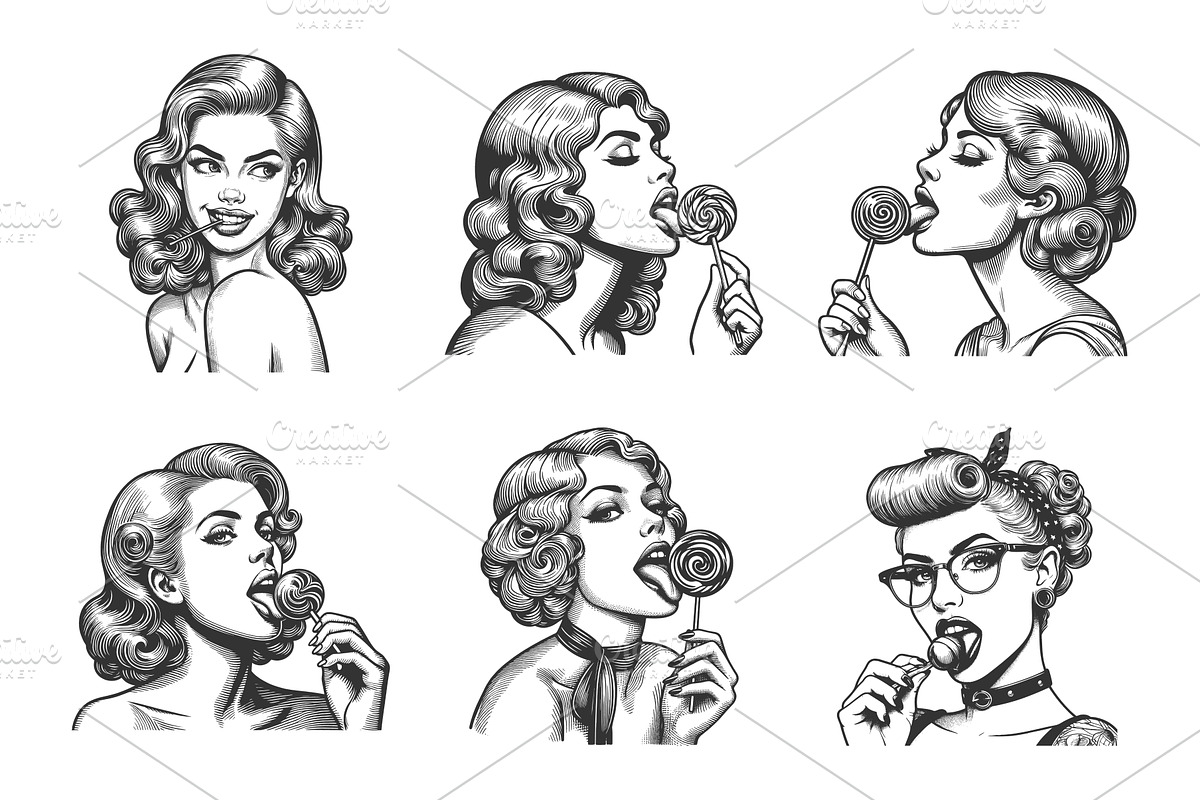 pin-up girl licking lollipops, a Person Illustration by AlexArt