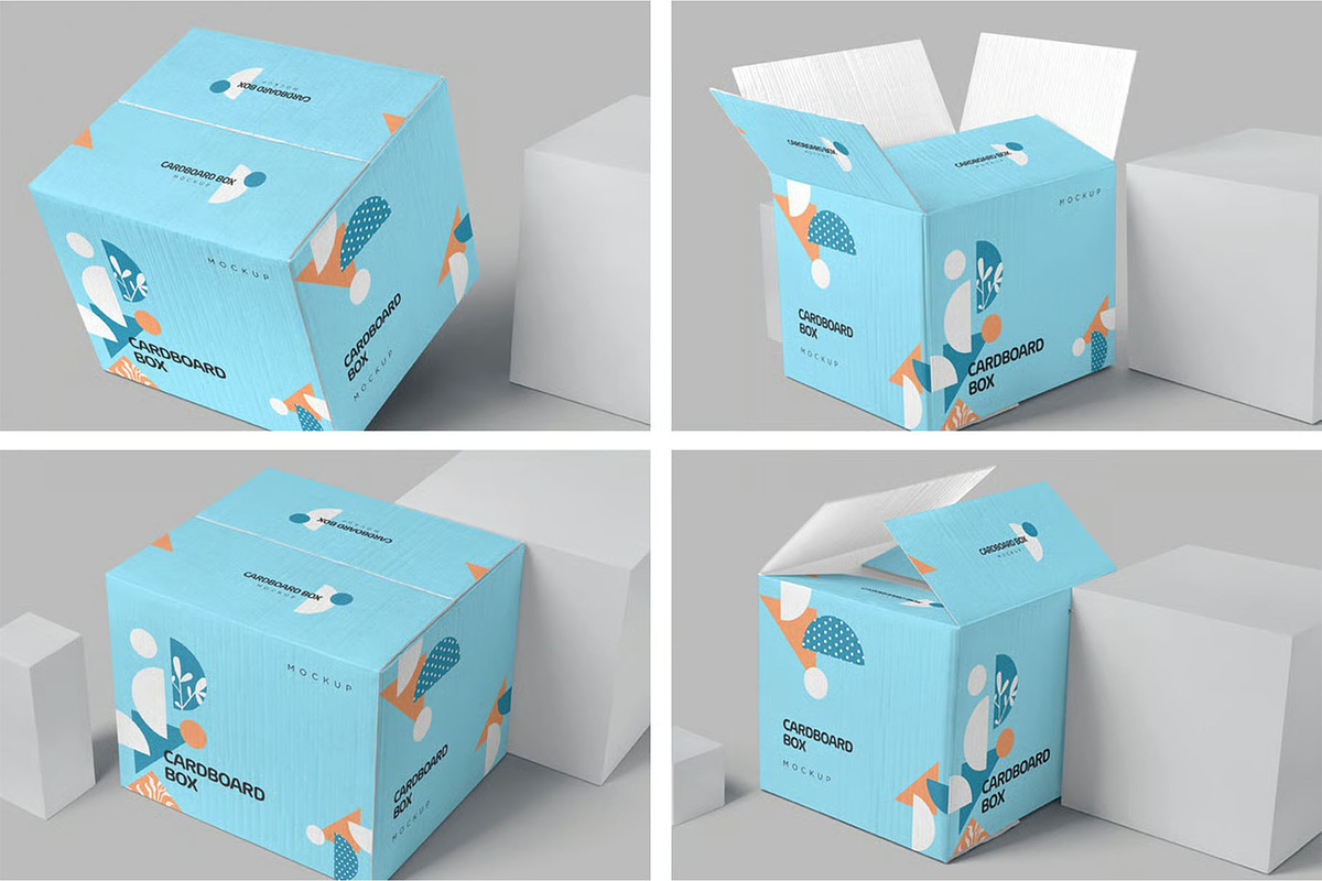 4 Cardboard Box Mockups, a Packaging Mockup by megostudi0 (Photo 1 of 6)