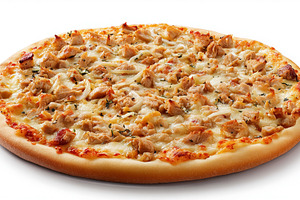 Freshly baked chicken pizza with melted mozzarella cheese, onion, a Photo by Studio ANNA