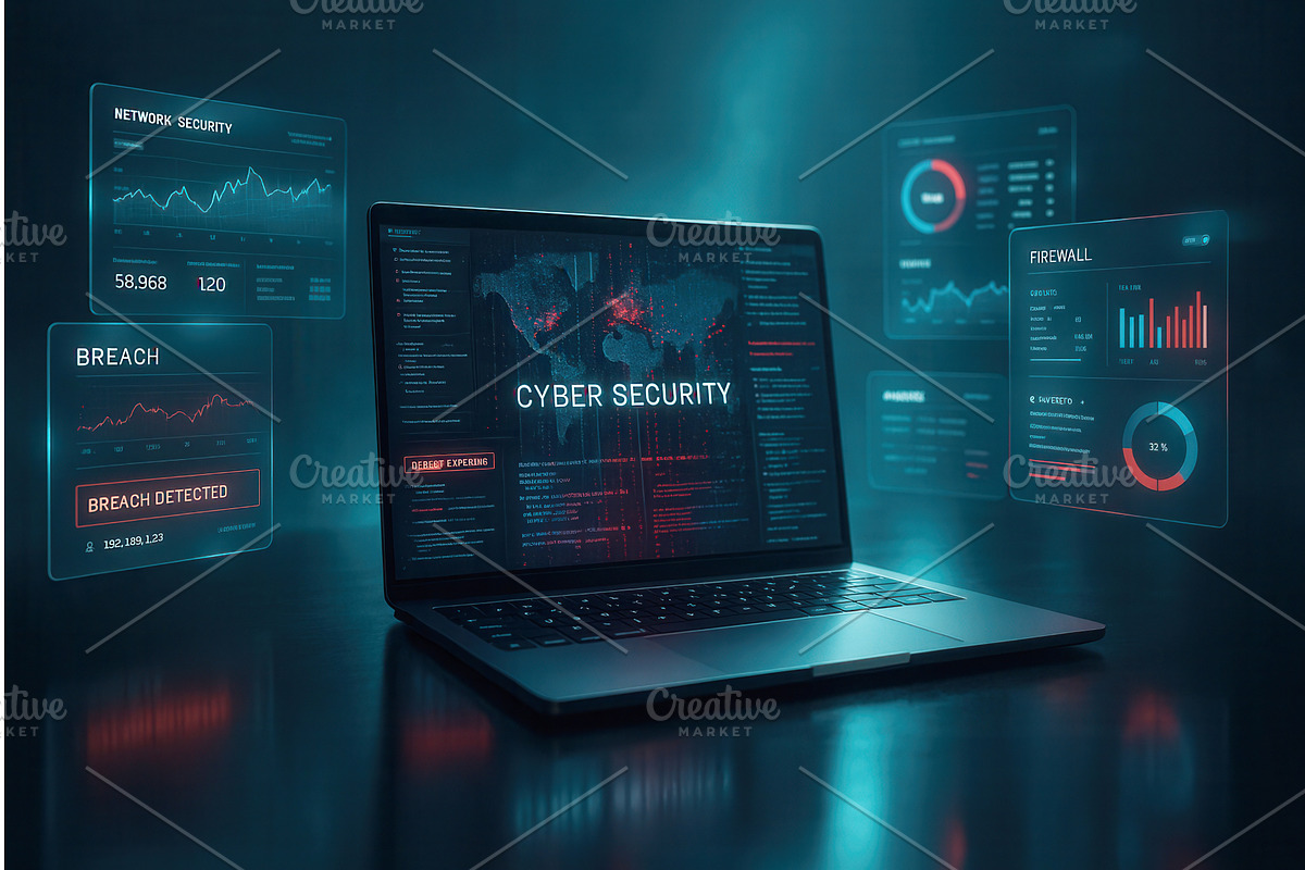 A laptop displaying cybersecurity, an Object Illustration by Sergey Kotenev