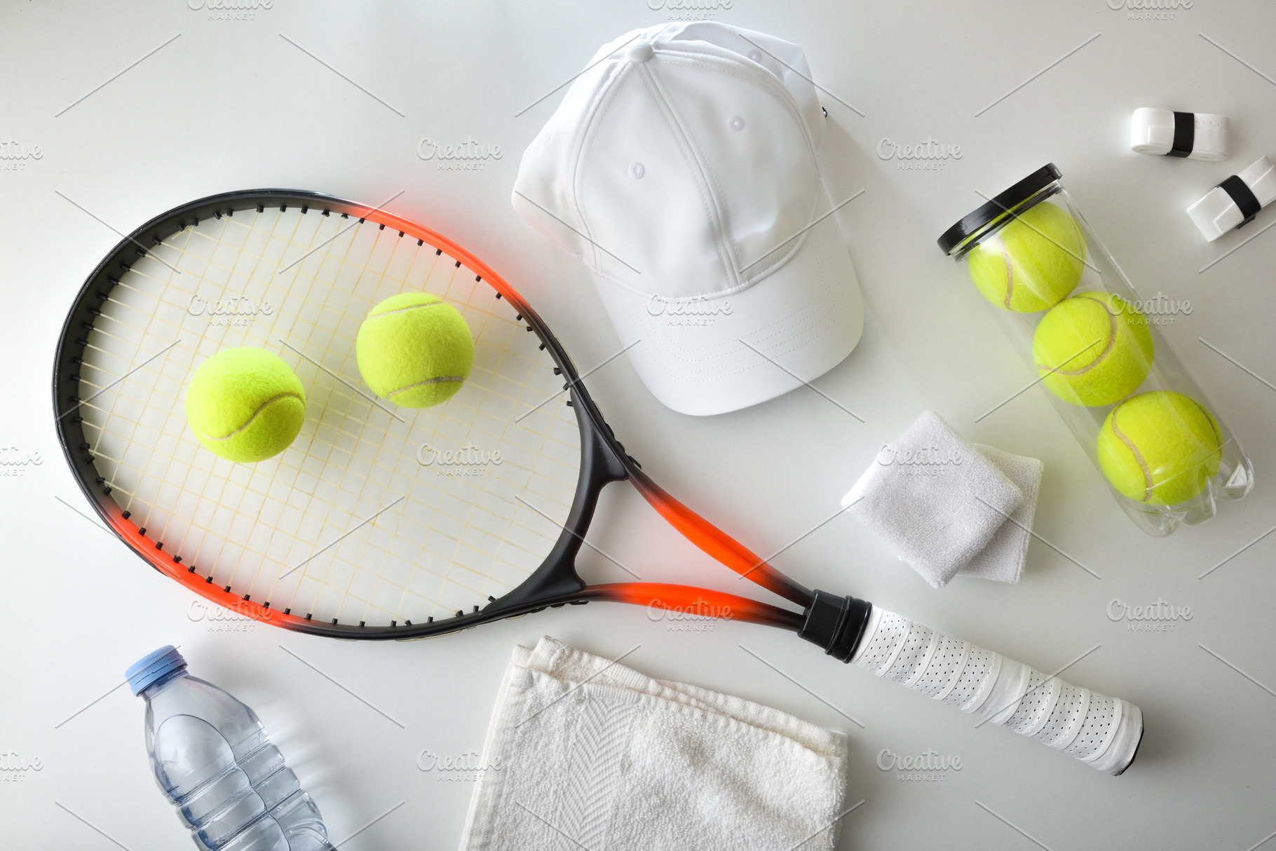 Tennis Equipment Arranged on White Surface, a Sports & Recreation Photo by Davizro's Market
