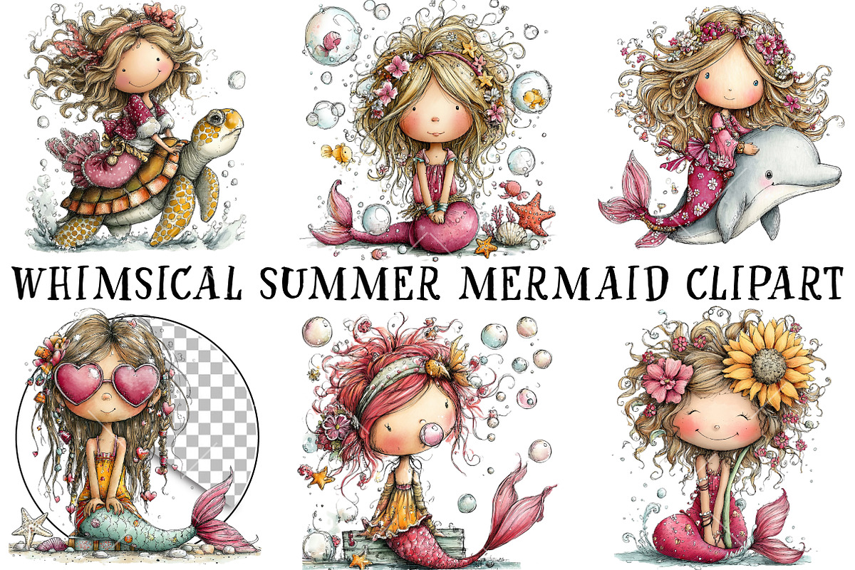 Whimsical Summer Mermaid Clipart, an Illustration by OK Design (Photo 2 of 6)